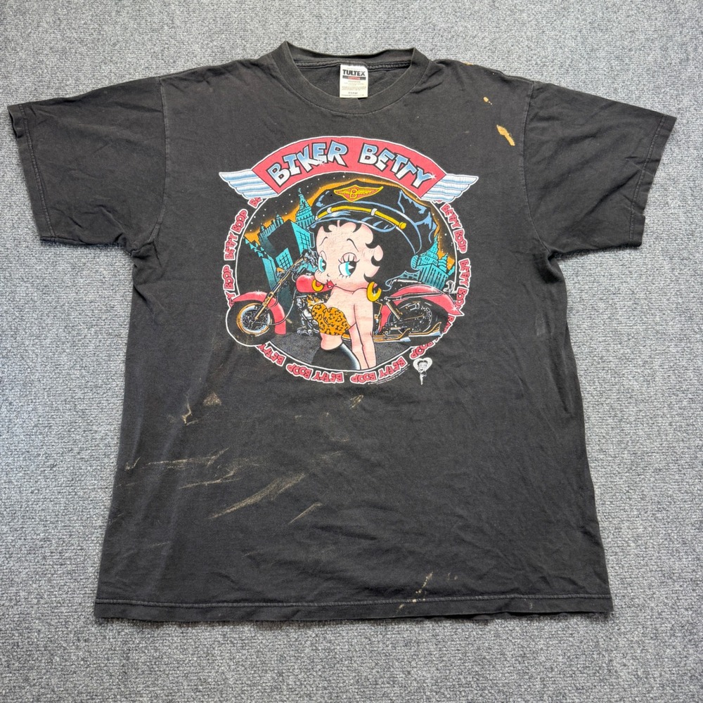 Vintage Tultex Biker Betty Boop Graphic T-Shirt XL Black Distressed Mens 90s